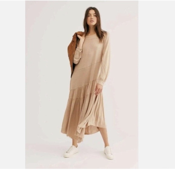 Free People Beach Jilly Midi Maxi Dress  Size M  Tan beige oversized linen - Picture 1 of 9
